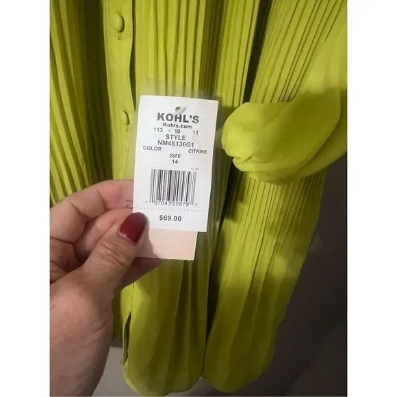 Nanette Lepore Women’s Size 14 Long Sleeve Pleated Button Up Dress Green - Picture 14 of 16